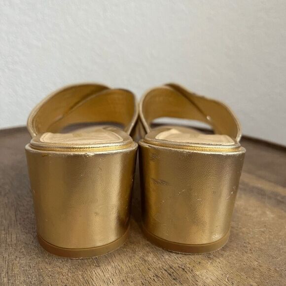 Marion Parke Soft Gold Leather Izzy Criss-Cross Block Heel Sandals Women's 37 US - Picture 4 of 13